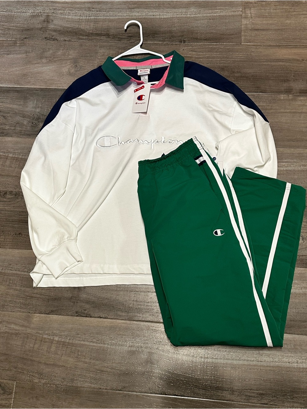 Champion White Pullover with Green Track Pants Set